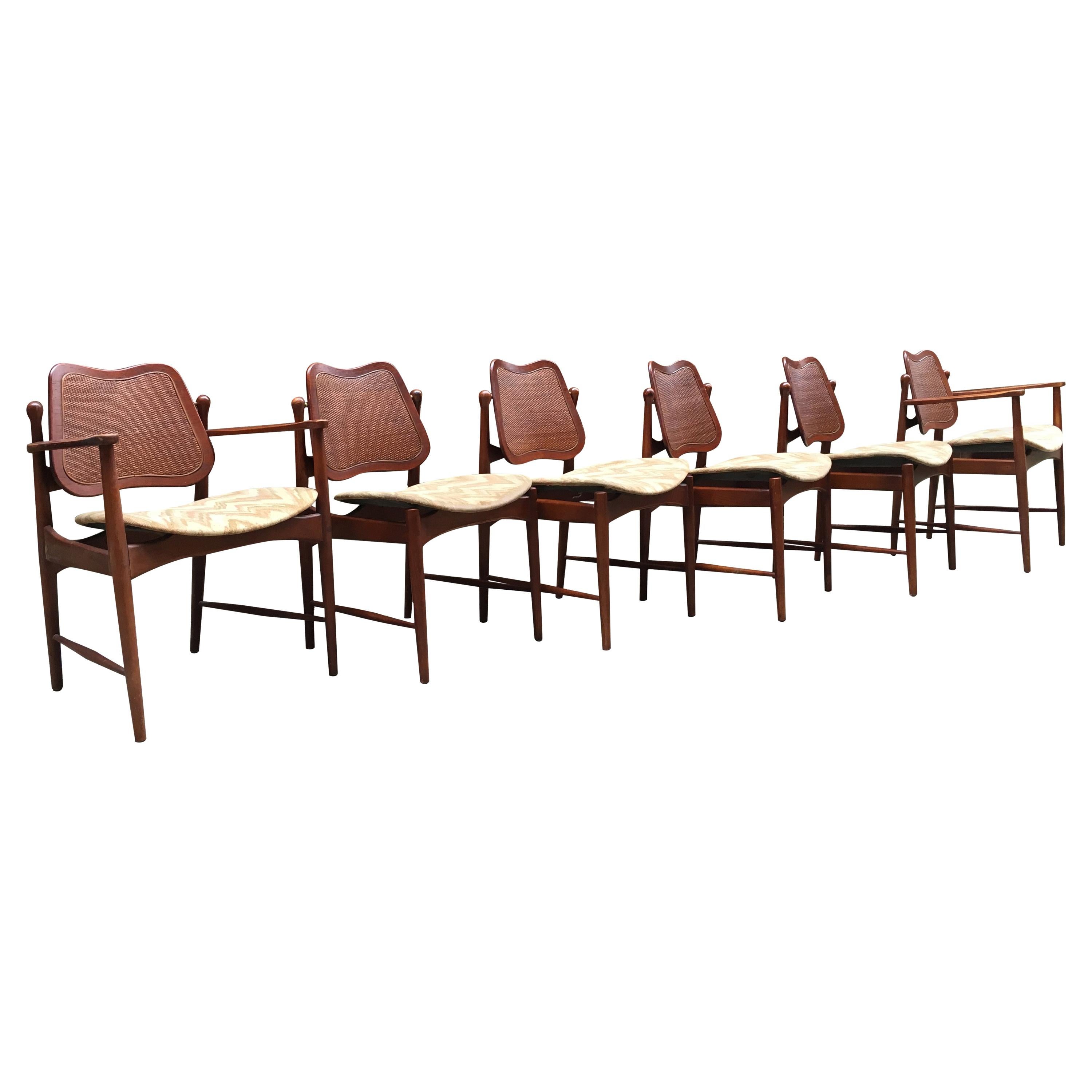 Set of Six Arne Vodder Teak and Cane Back Dining Chairs