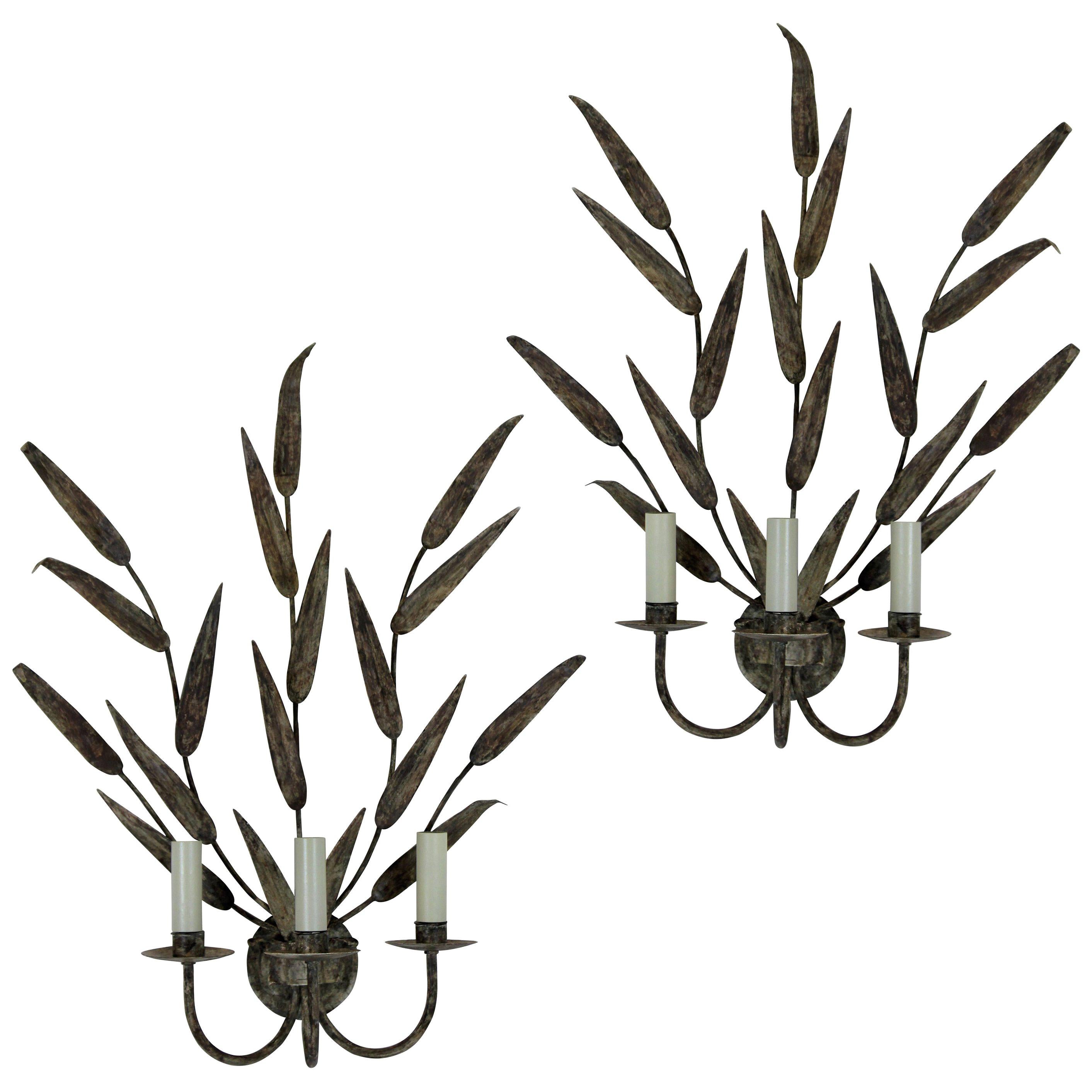 Pair of Large Tole Leaf Wall Sconces