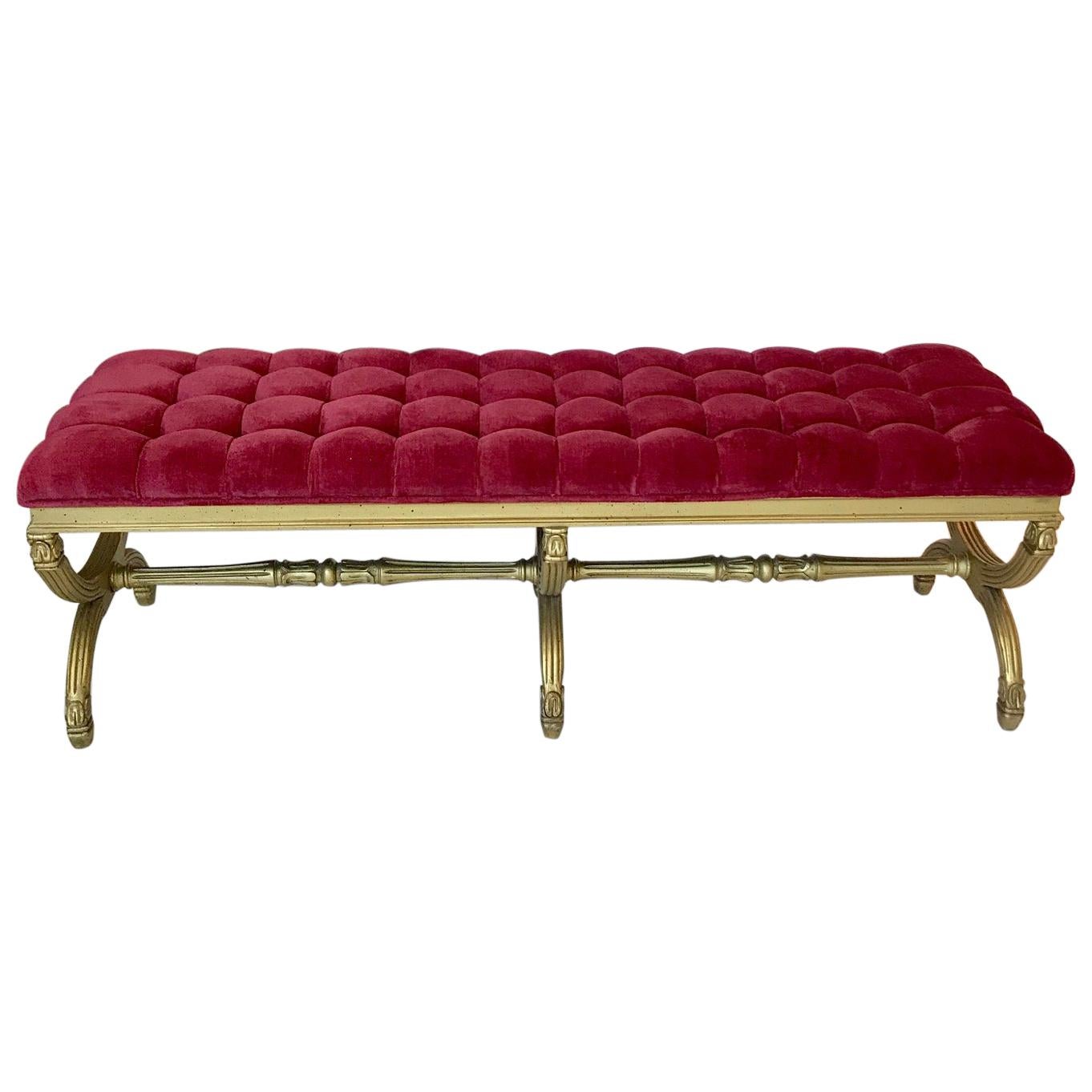 Louis XVI Style Gilded Bench with Tufted Seat Design, Italy