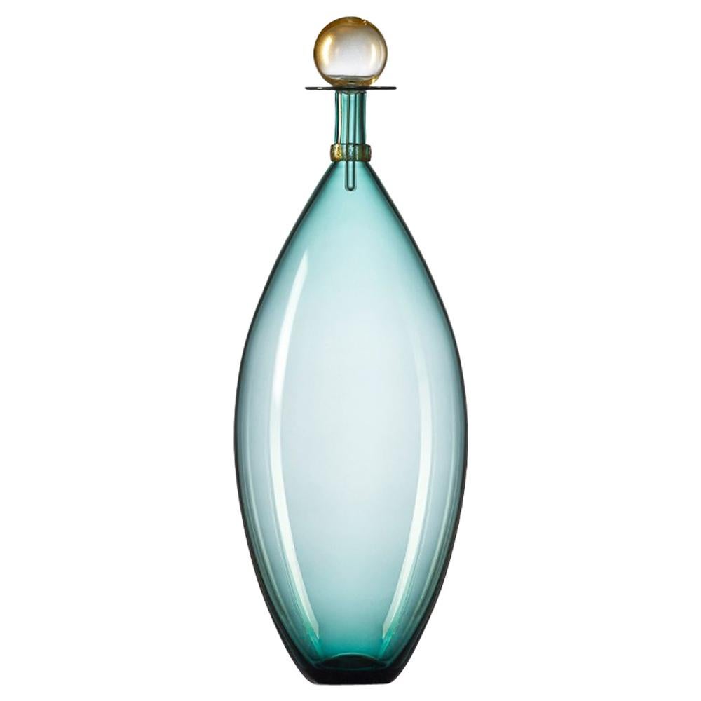 Large Hand Blown Glass Apothecary Decanter, Blue-Green with Gold, by Vetro Vero