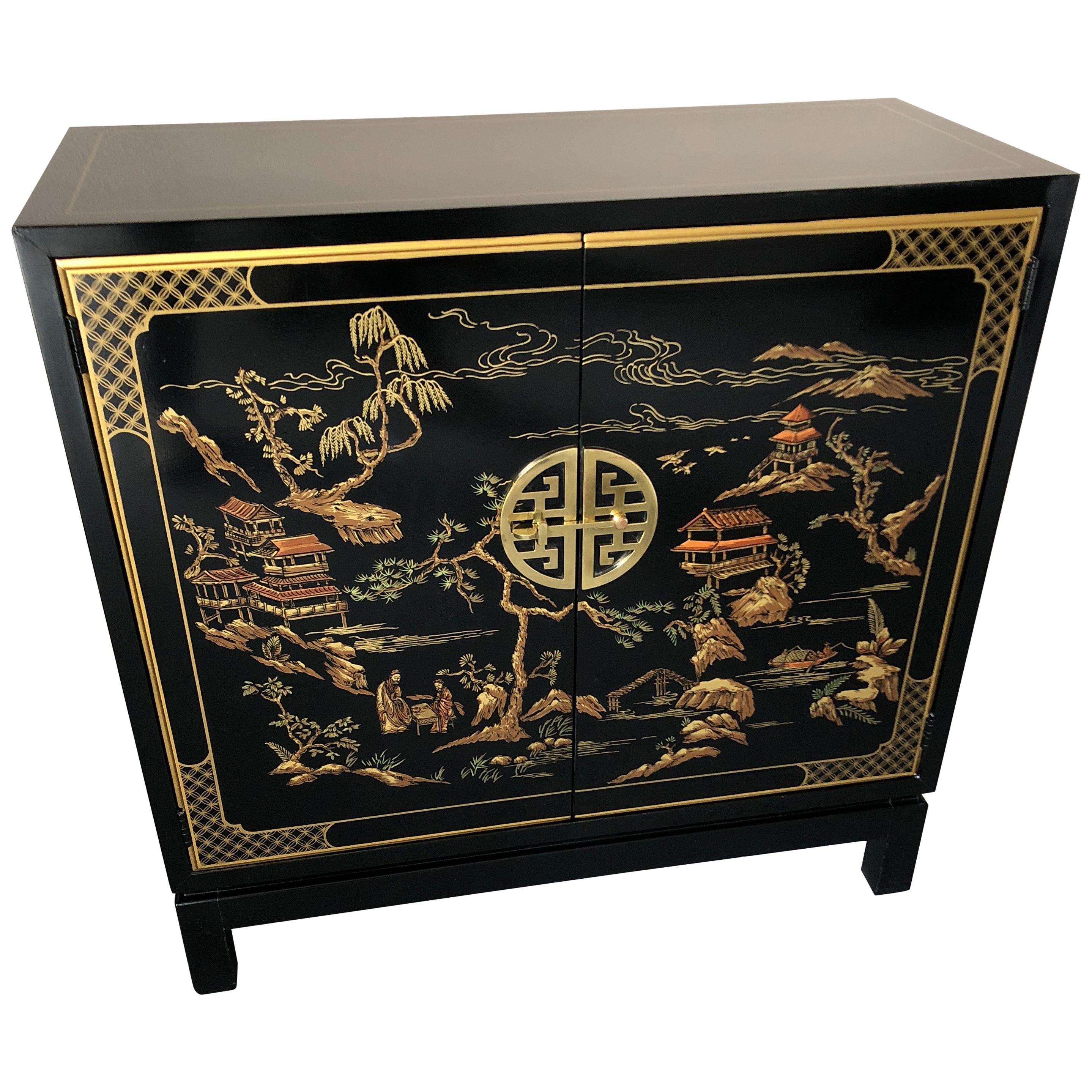Elegant Drexel Heritage Black Chinoiserie Style Sleek Cabinet
