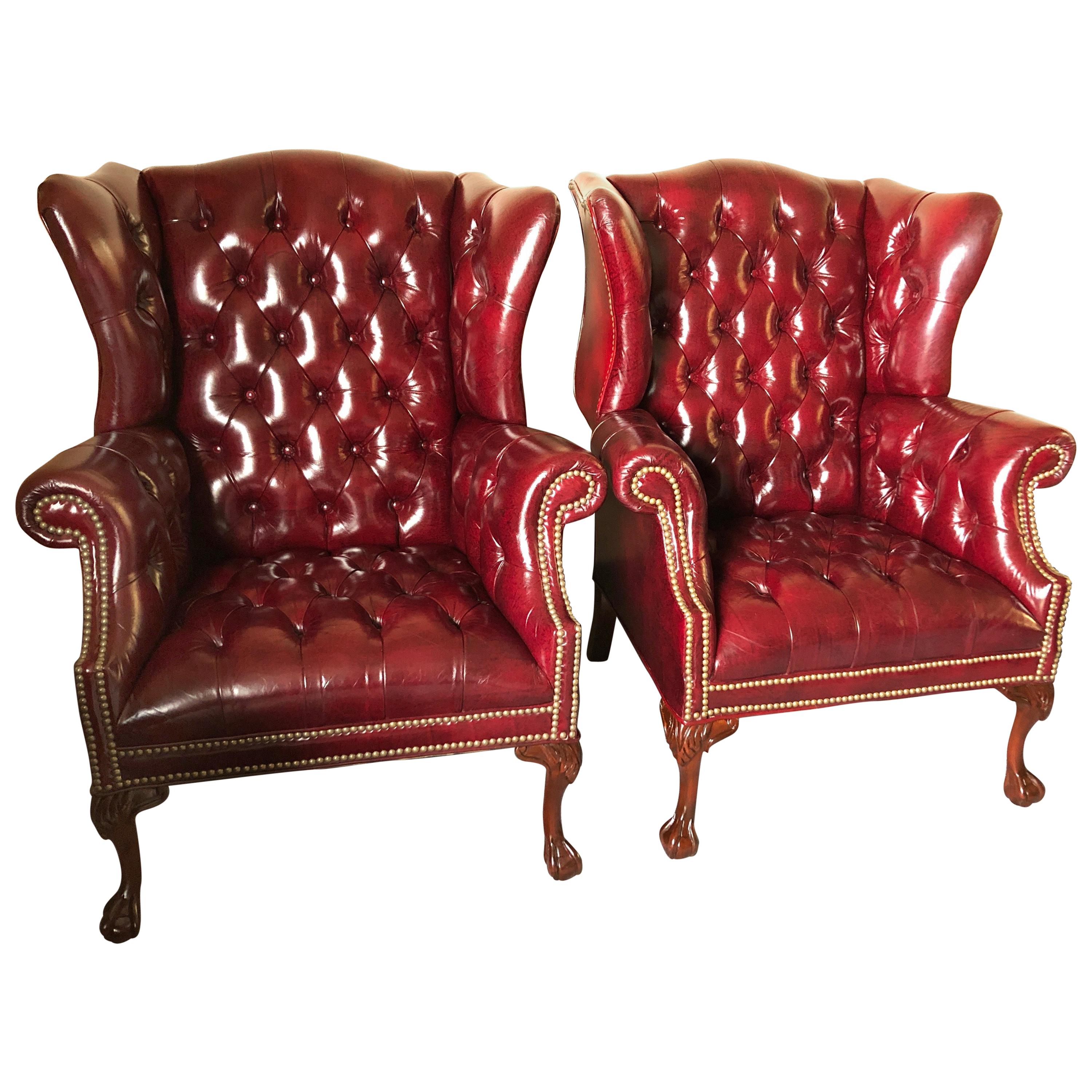 Pair of Rich Burgundy Leather Vintage Tufted Chesterfield Wing Chairs