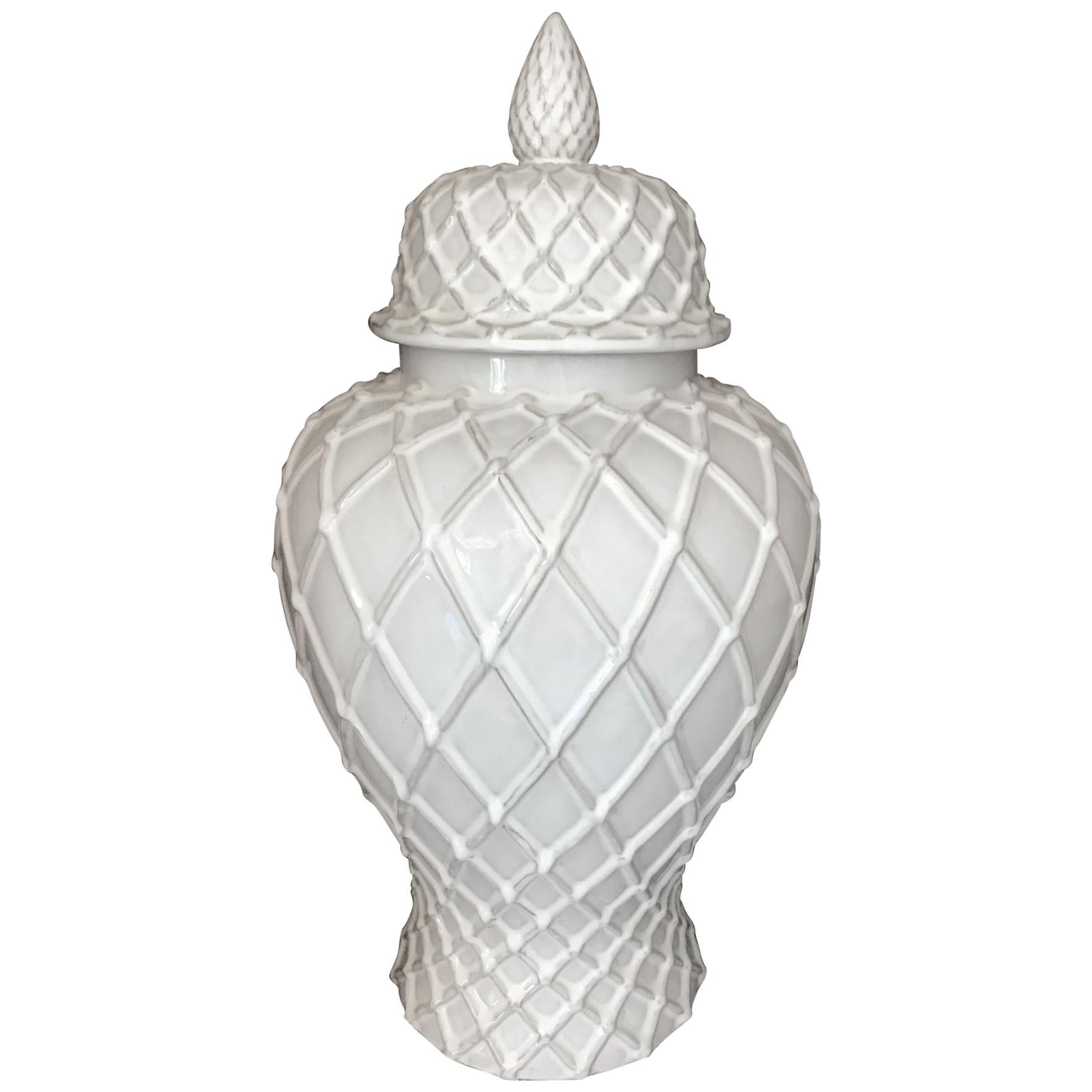Exquisite White Ceramic Lidded Urn Vase with Lattice Design, Italy