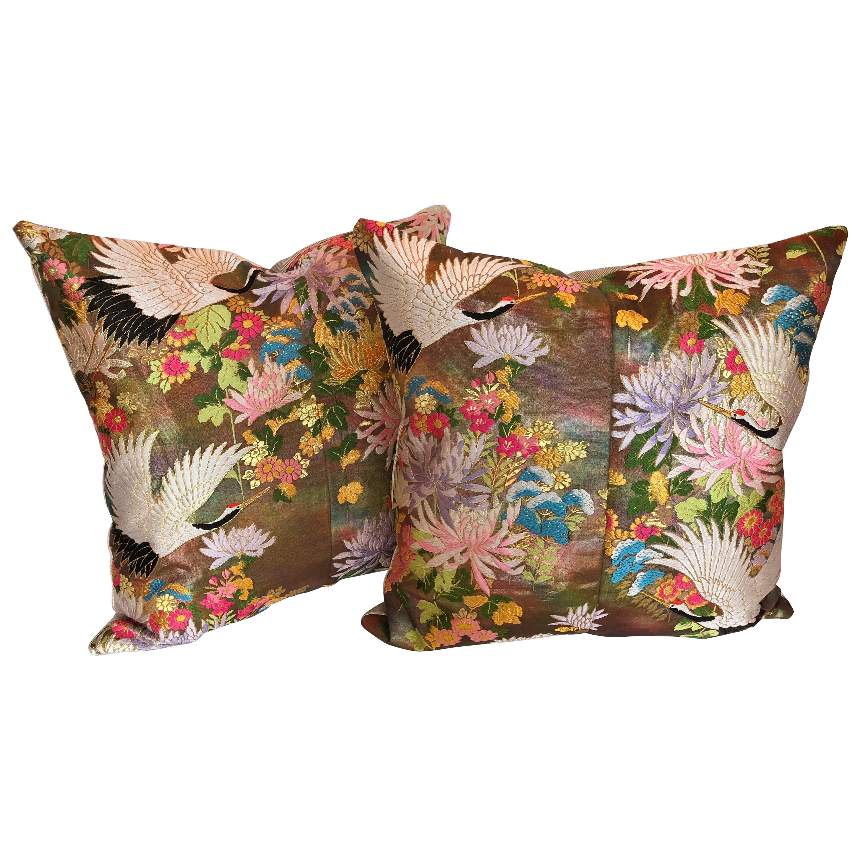 Custom Pillows by Maison Suzanne Cut from a Vintage Silk Japanese Wedding Kimono For Sale