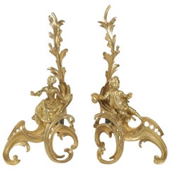 Pair of Louis XV Style Fireplace Irons in Gold Gilt Bronze from the 19th Century