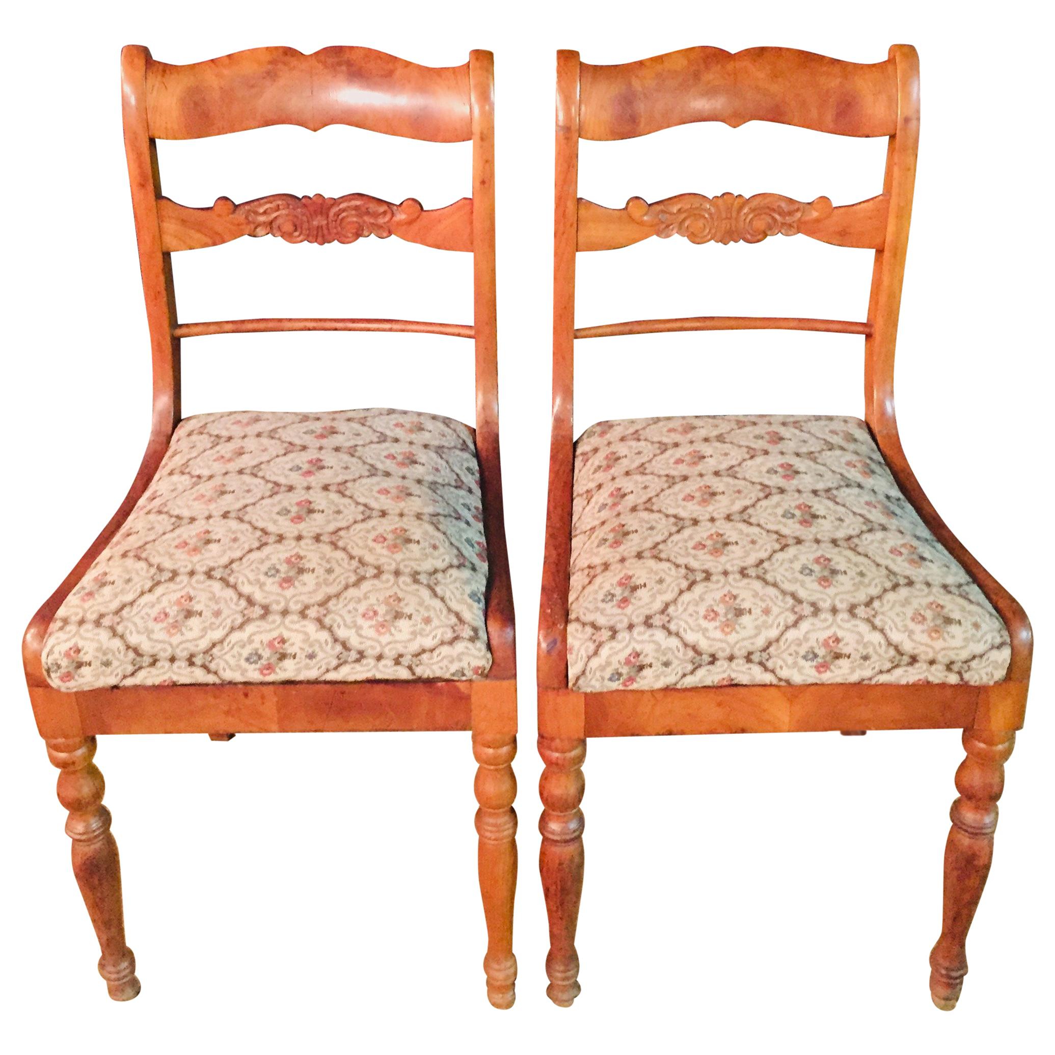Pair of two Interesting antique Biedermeier Chairs circa 1840 cherry veneer For Sale