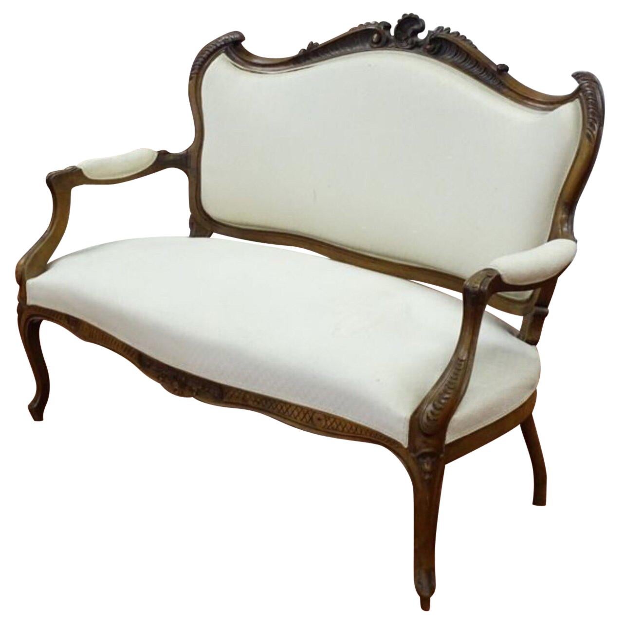 19th Century French Hand Carved Walnut Canapé in Louis XV Style Silk Upholstery