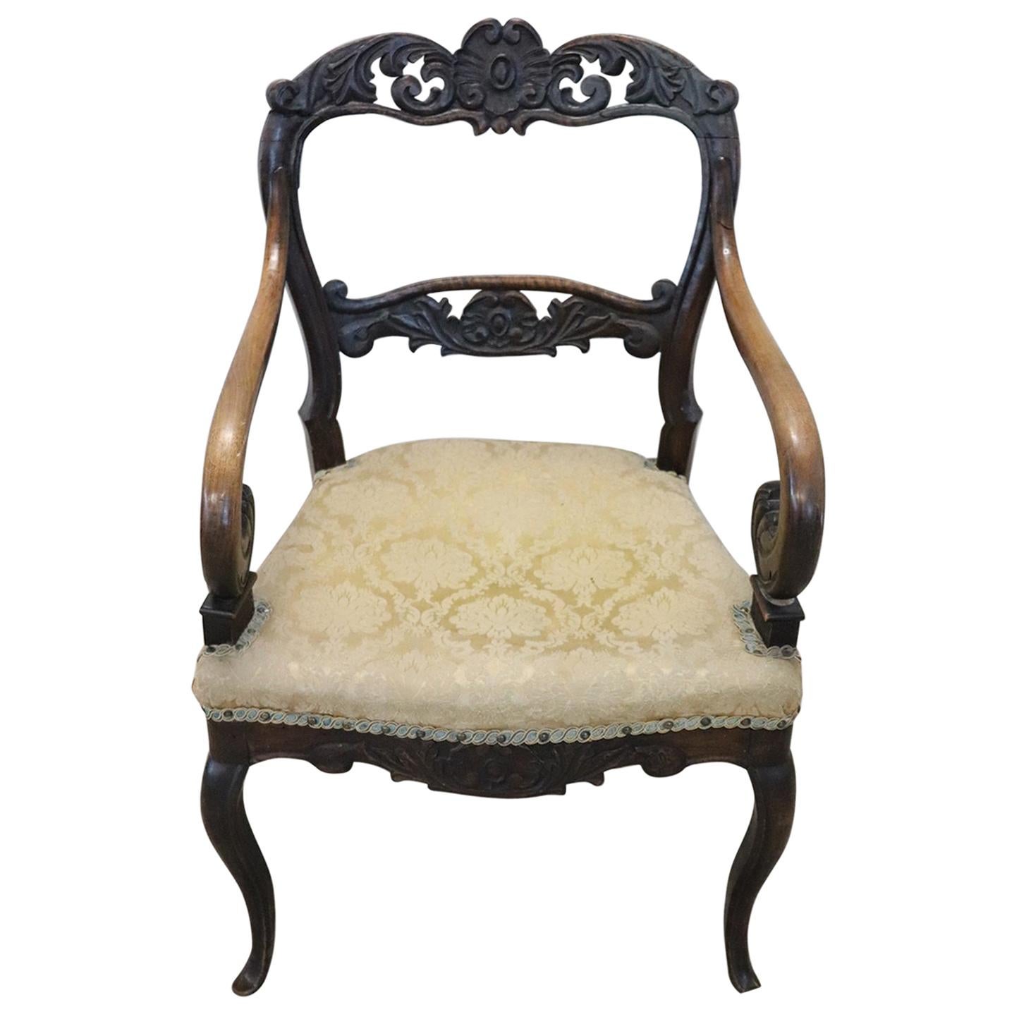 19th Century Carved Walnut Armchair with Volute Arms