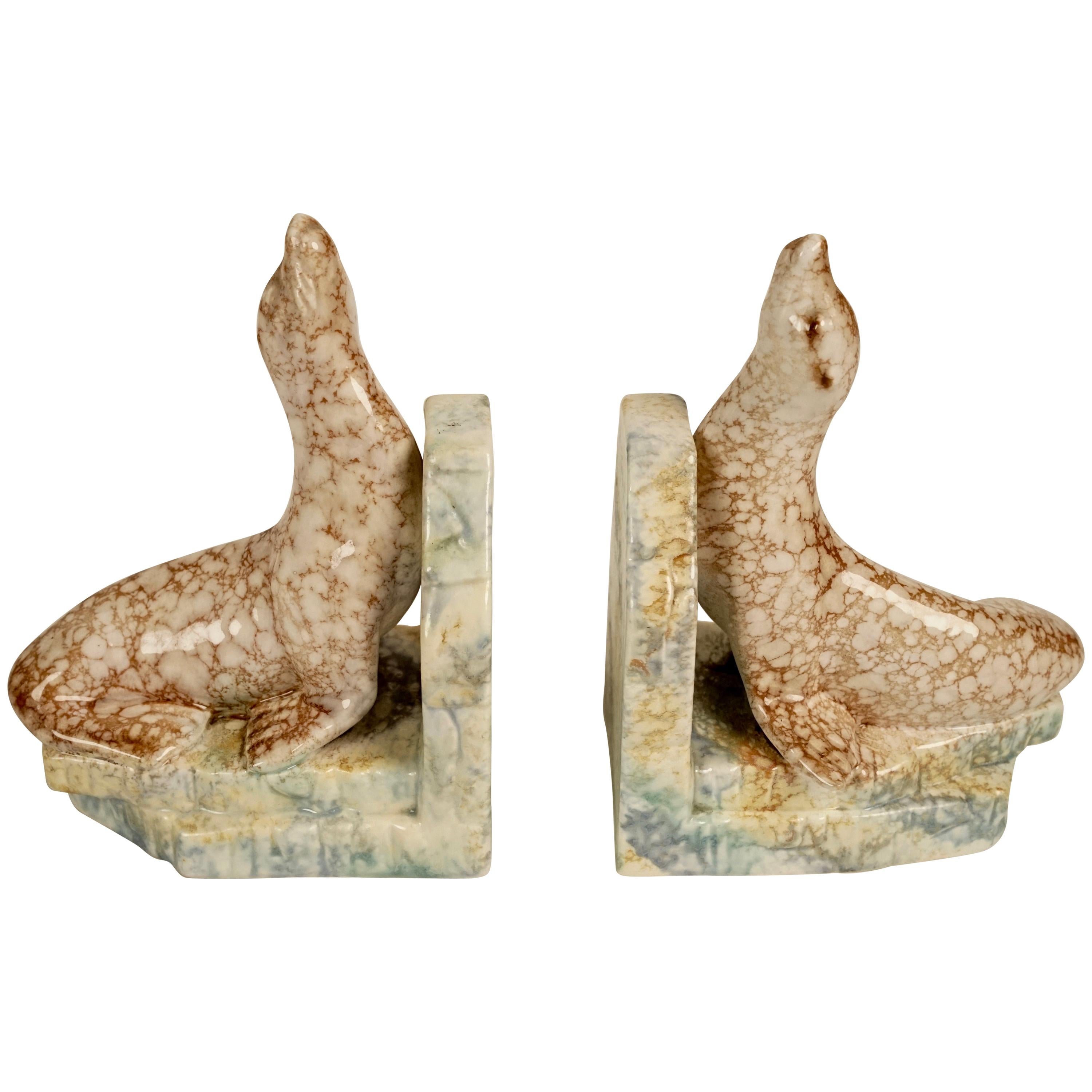 Pair of Ceramic Bookends with Seals, from 1930s, in Cabana Style