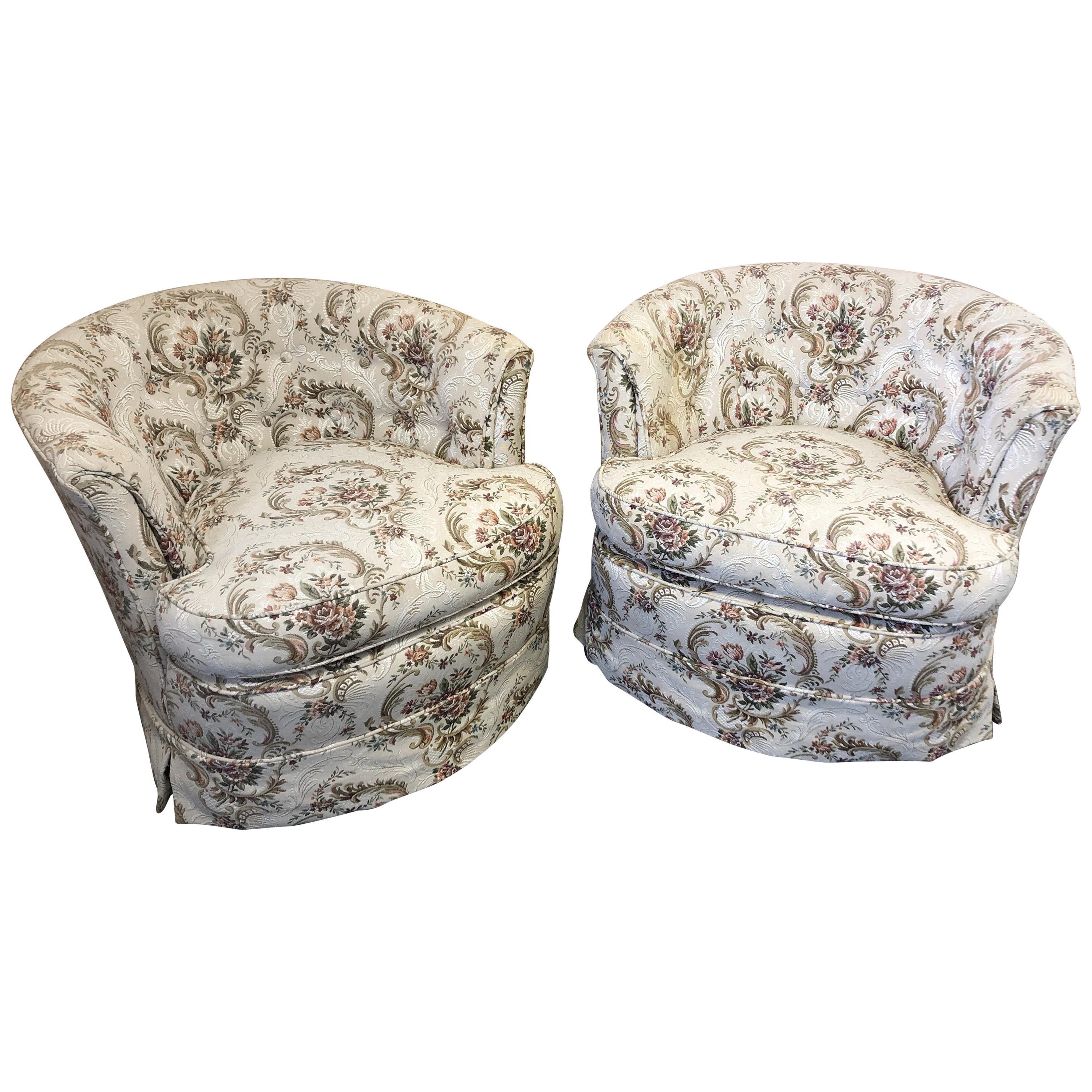 Cool Pair of Swivel Barrel Back Tufted Upholstered Club Chairs