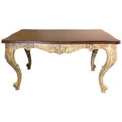 Romantic Distressed Carved and Painted Wood Desk with Rich Cherry Top