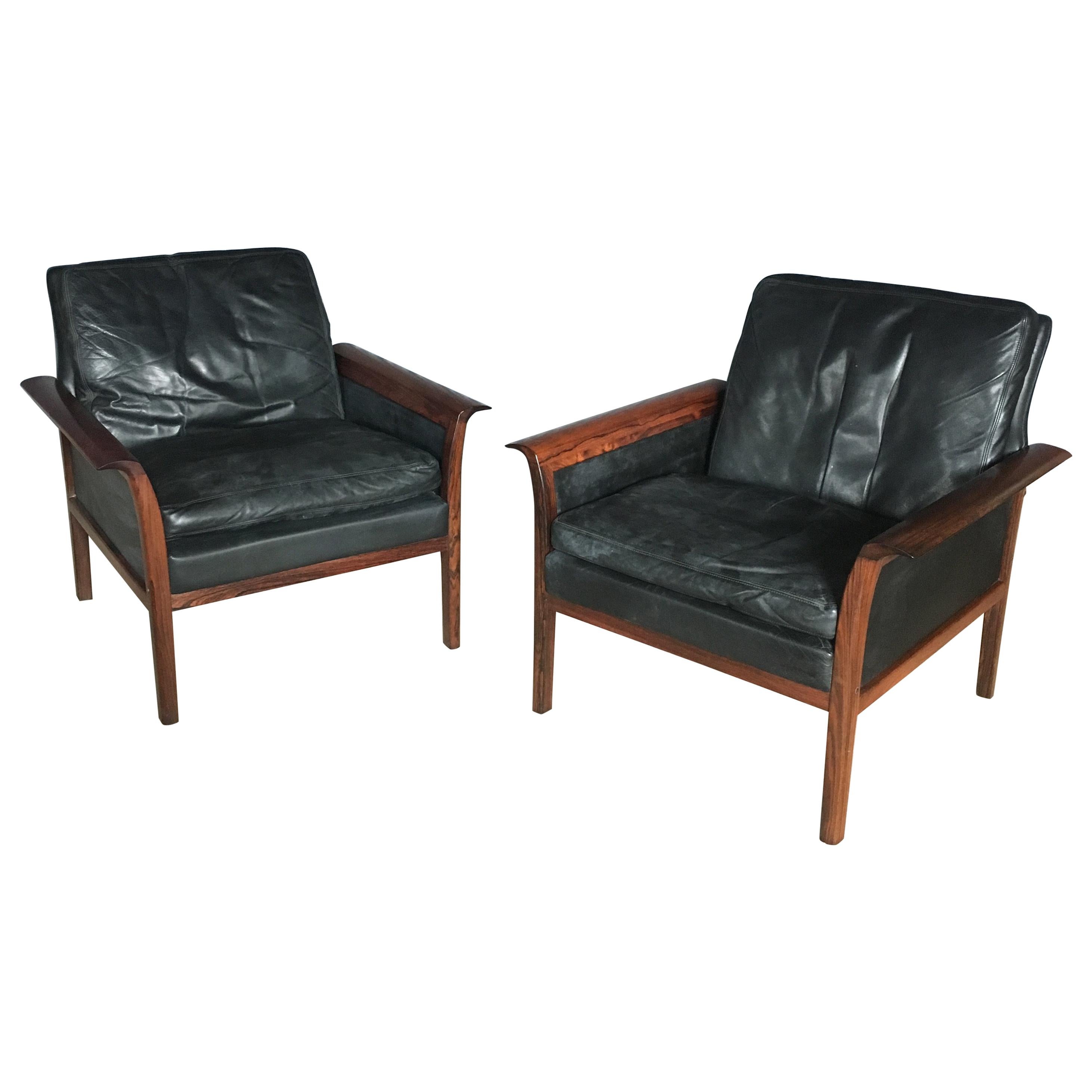 Knut Saeter for Vatner Mobler Leather and Rosewood Pair of Chairs