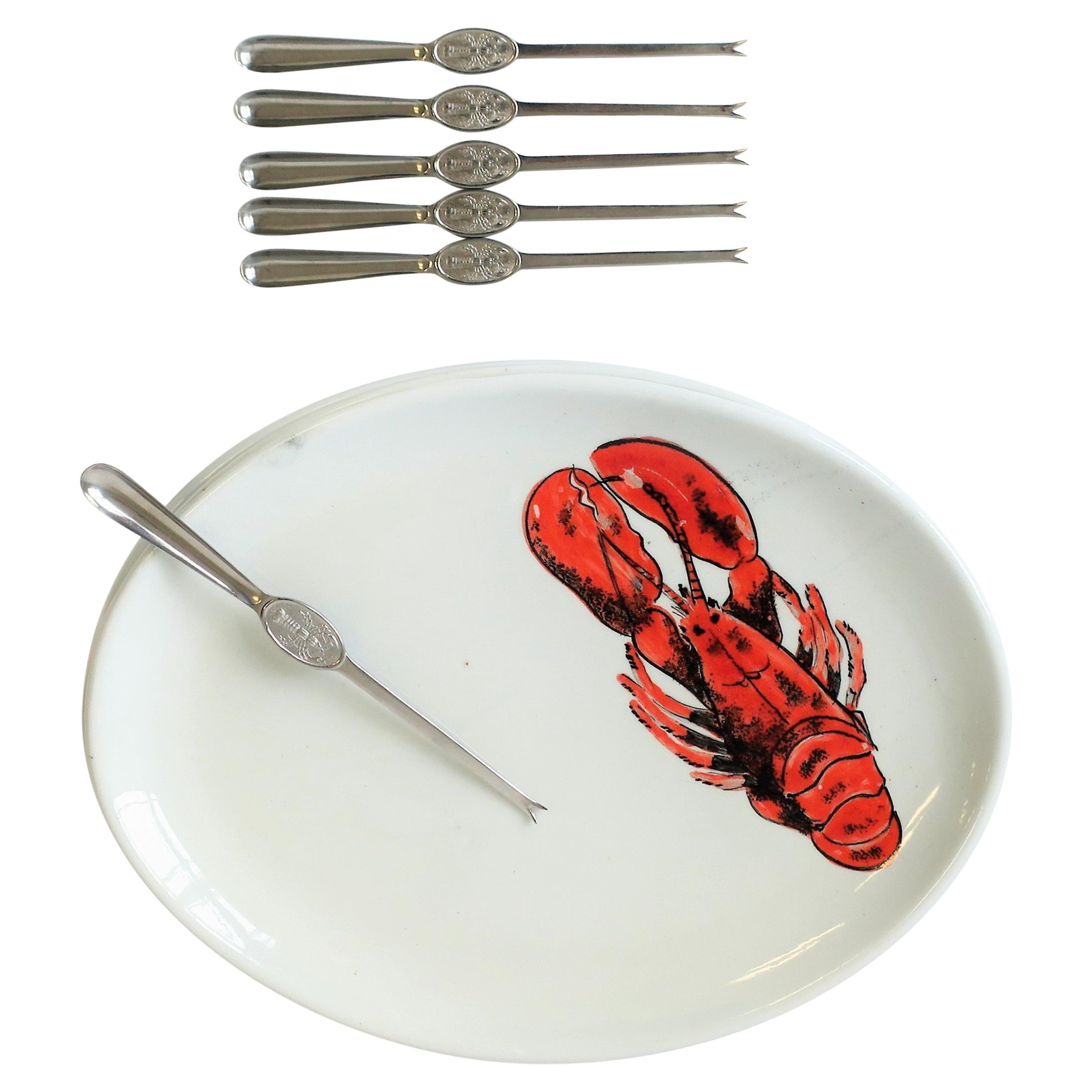 Summer Italian Lobster Dinner Plates with Forks from Sweden, Set of 6