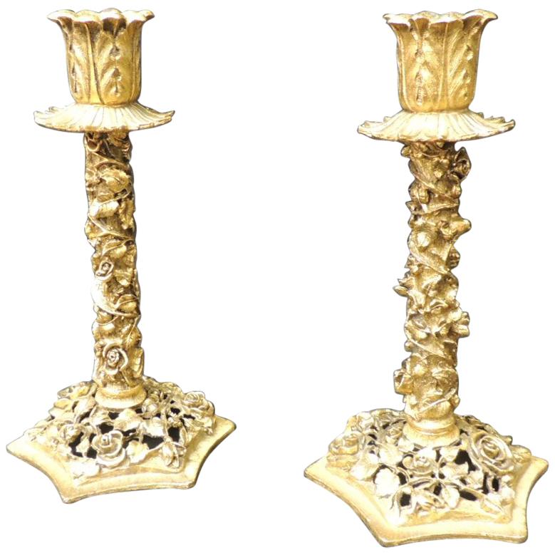 Vintage Pair of Gold Candlesticks with Elaborate Roses and Flowers