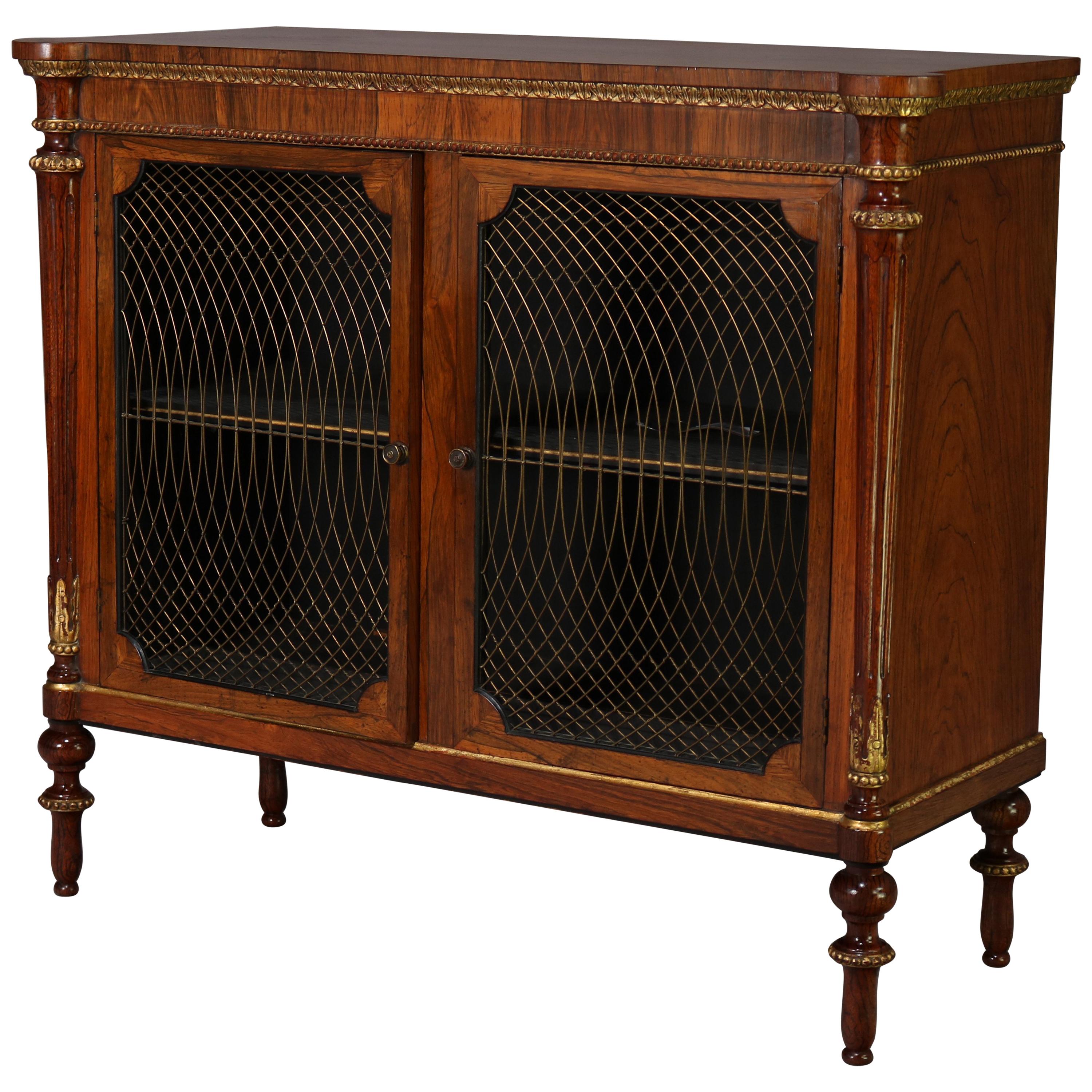 Antique English Regency Style Rosewood, Mesh and Gilt Two-Door Credenza