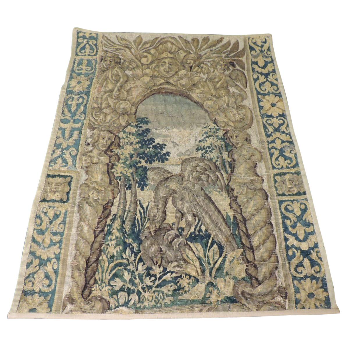 19th century green and gold verdure tapestry fragment