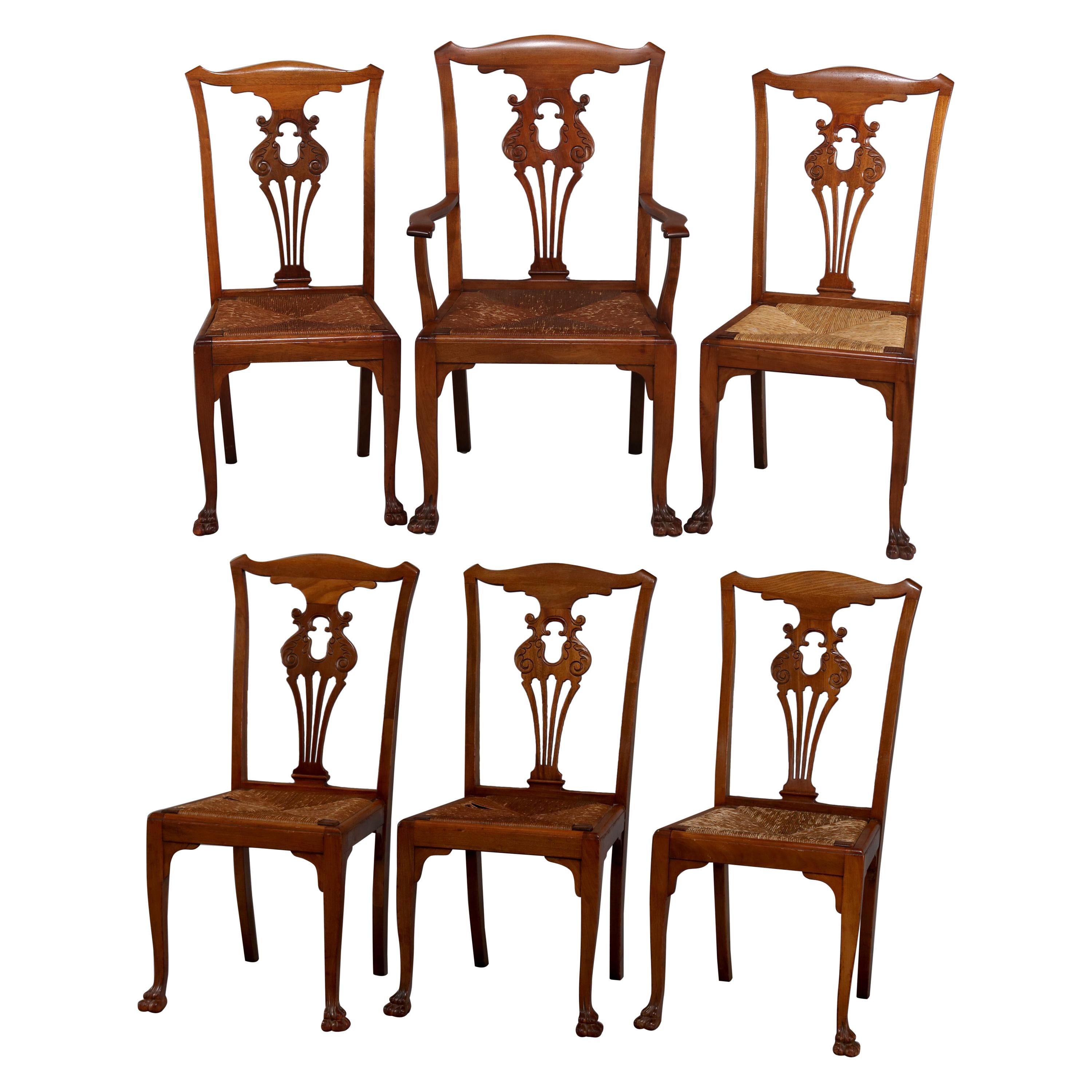 Set of 6 Antique French Louis XIV Carved Mahogany Rush Seat Dining Chairs