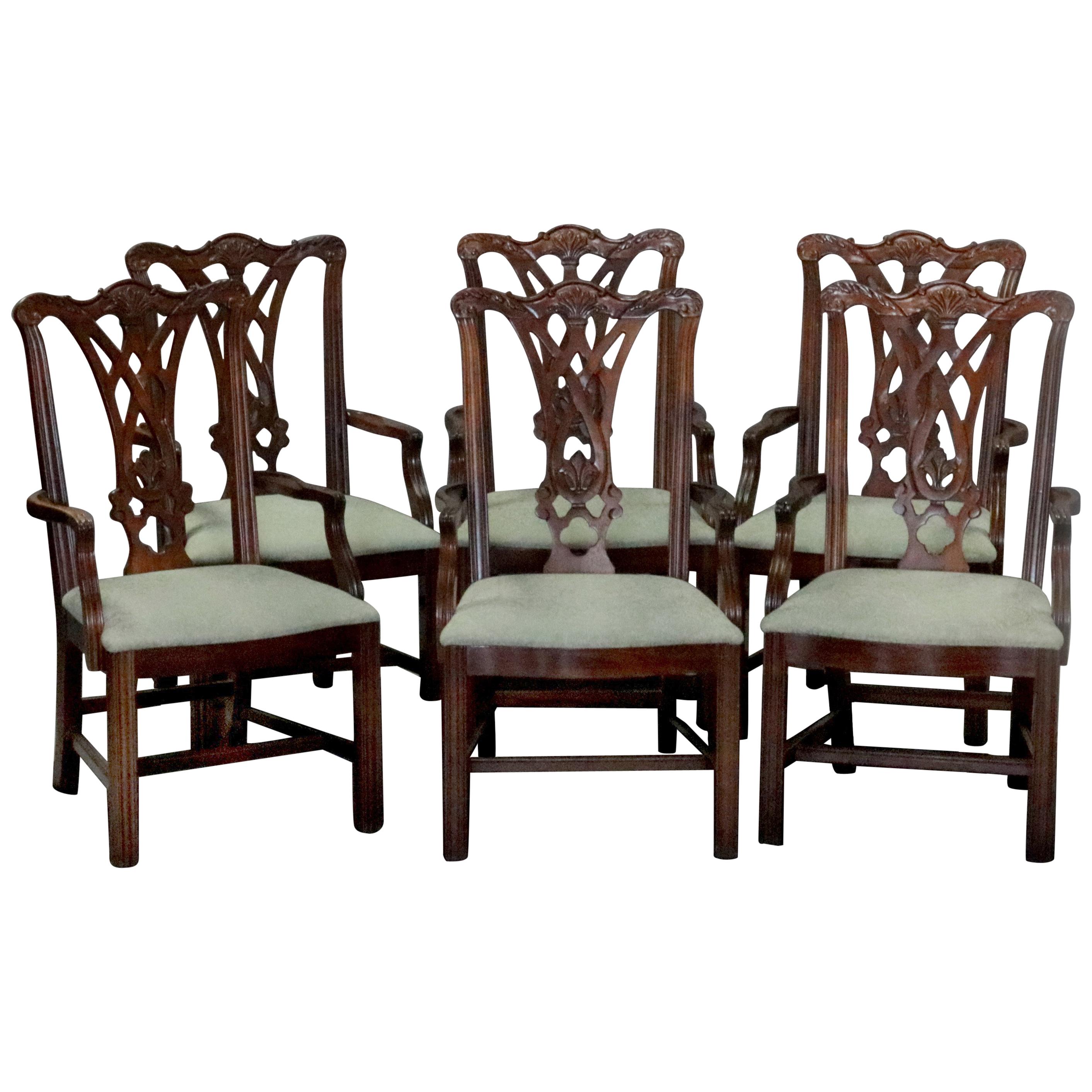 Six Vintage Chippendale Style Carved Mahogany Ribbon Back Dining Armchairs