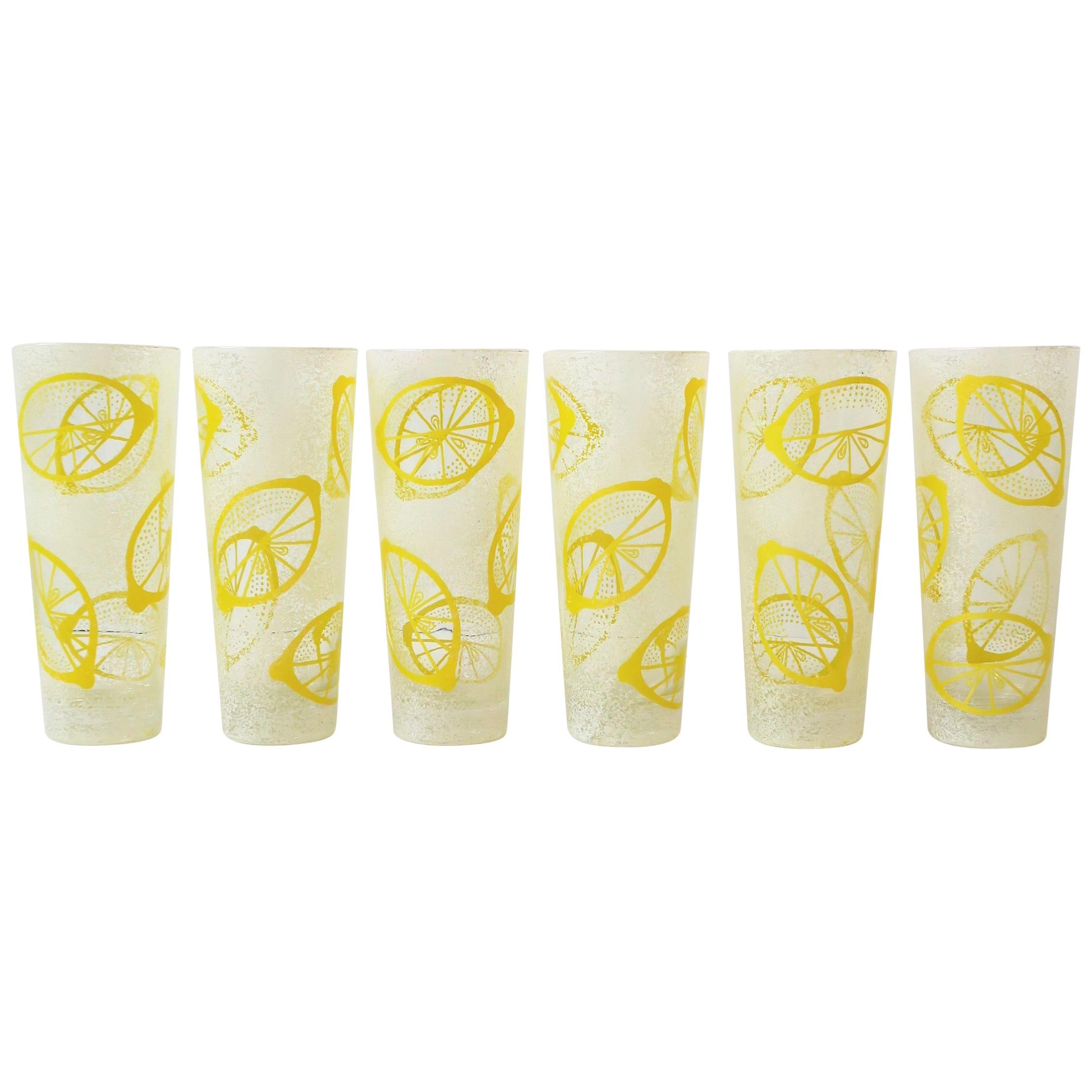 Lemon Fruit Highball Cocktail Rocks' Glasses Yellow and White Design, Set of 6