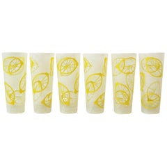Highball Cocktail Rocks' Glasses with Lemons Yellow and White Design, Set of 6