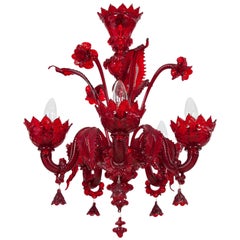 Italian Venetian, Chandelier, Blown Murano Glass, Full Red Flowers & Leaves, 90s