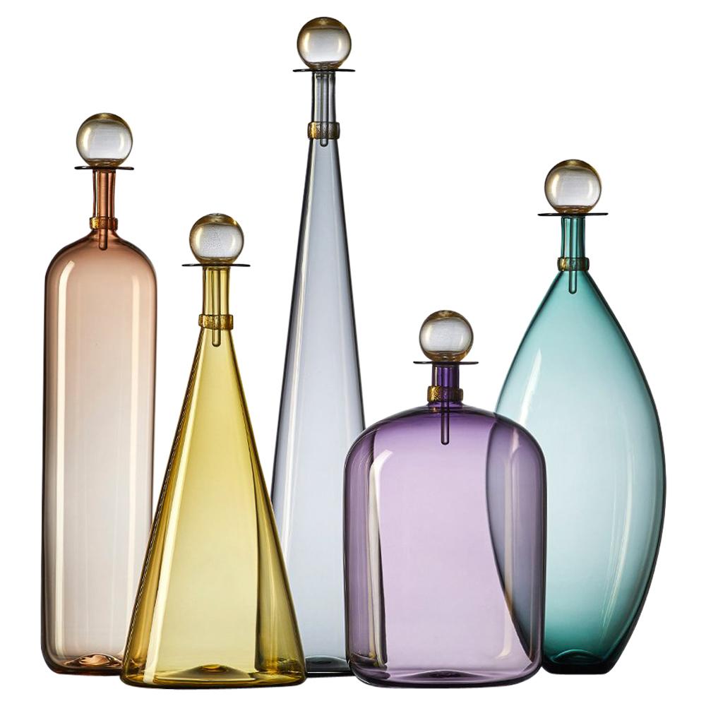 Group of 5 Modernist Hand Blown Glass Bottle Vases in Smoky Colors by Vetro Vero For Sale
