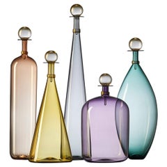 Group of 5 Modernist Hand Blown Glass Bottle Vases in Smoky Colors by Vetro Vero