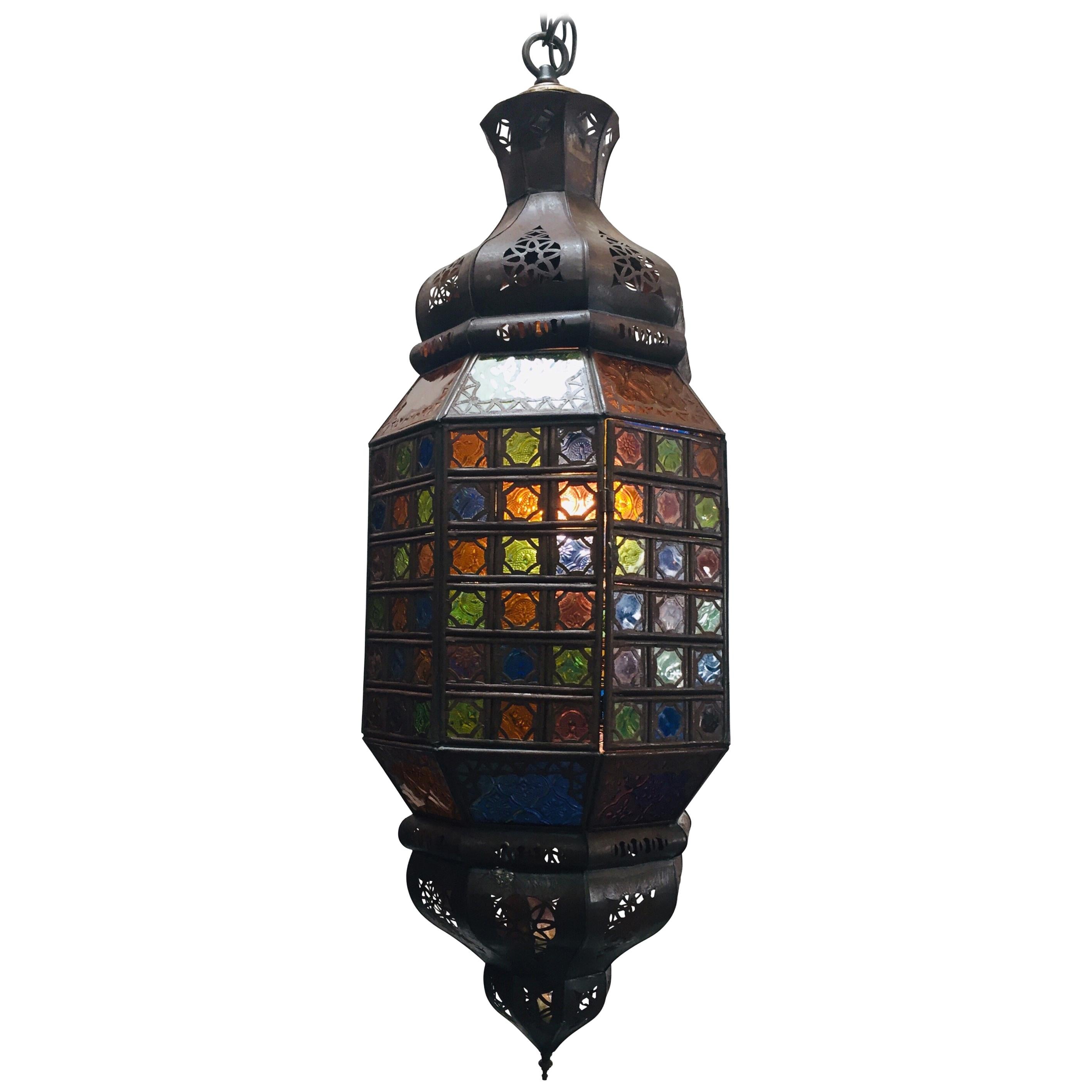 Moroccan Openwork Metal Lantern with Multi-Color Moorish Glass