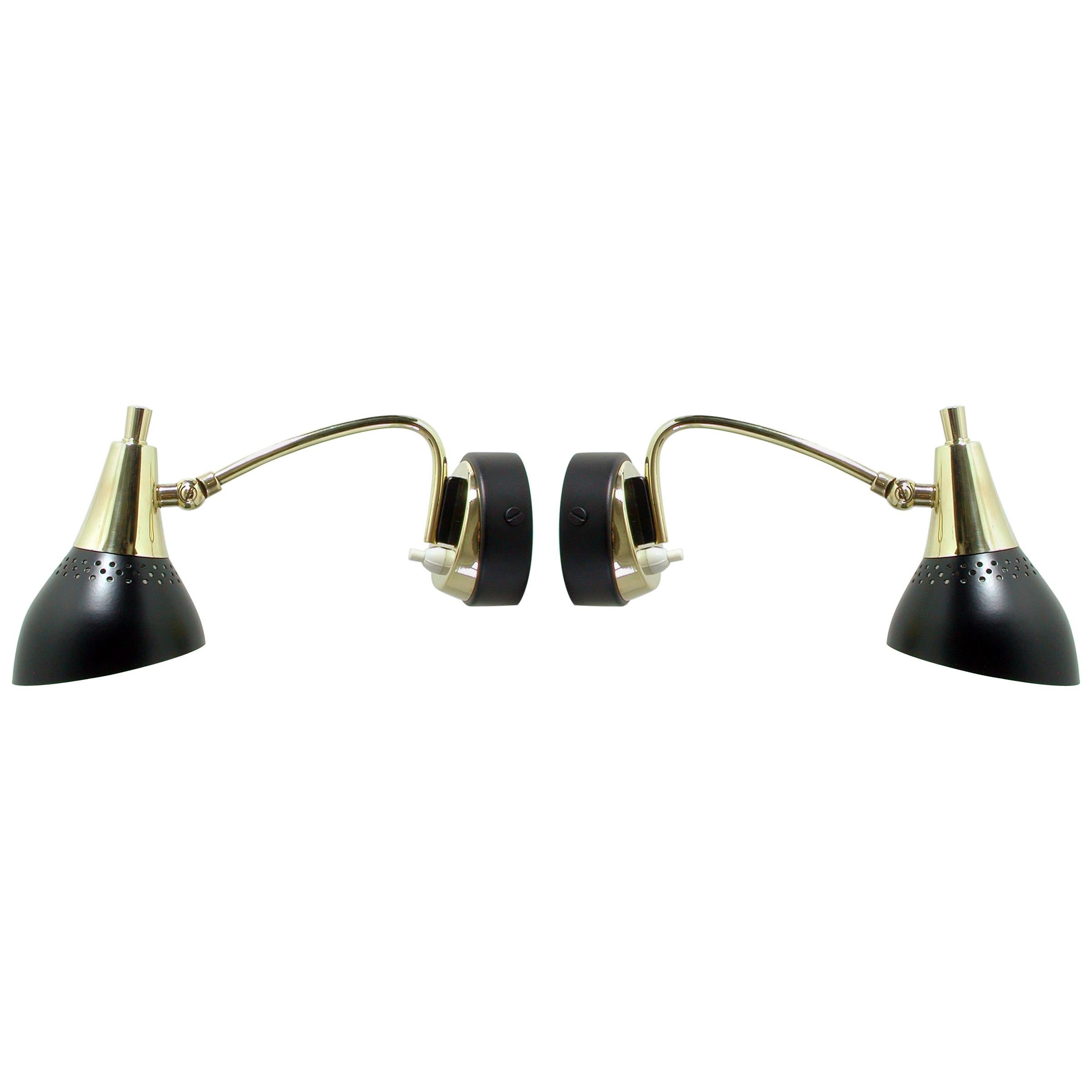 Italian Midcentury Black and Brass Sputnik Sconces Wall Lights, 1950s