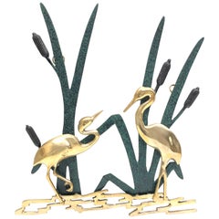 Landscape Crane Birds Bronze and Brass Wall Decoration Vintage, 1960s