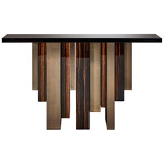 Console with Polished Ebony and Champagne Liquid Metal Finish Legs Top in Ebony