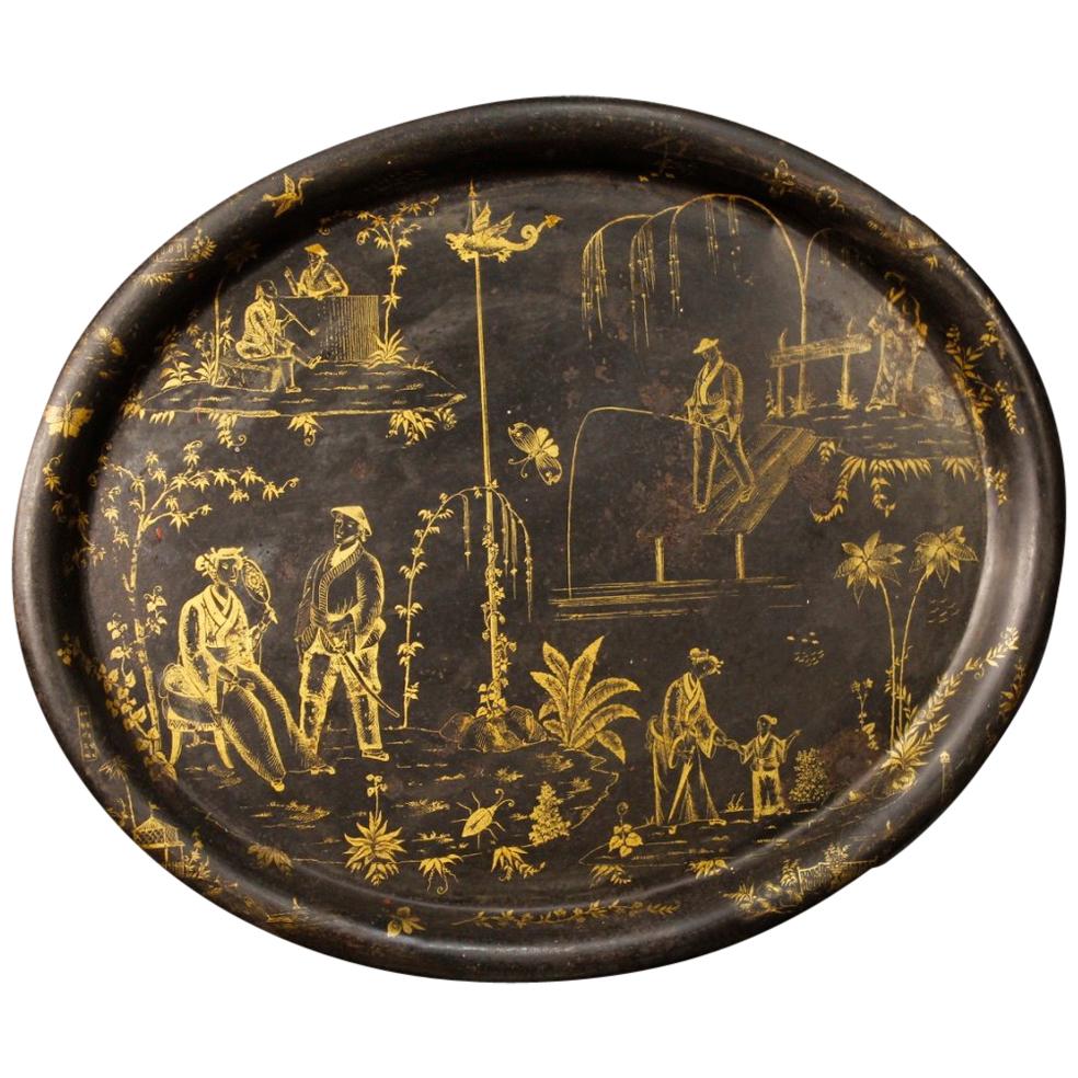 19th Century Lacquered and Painted Chinoiserie Metal French Tray, 1890