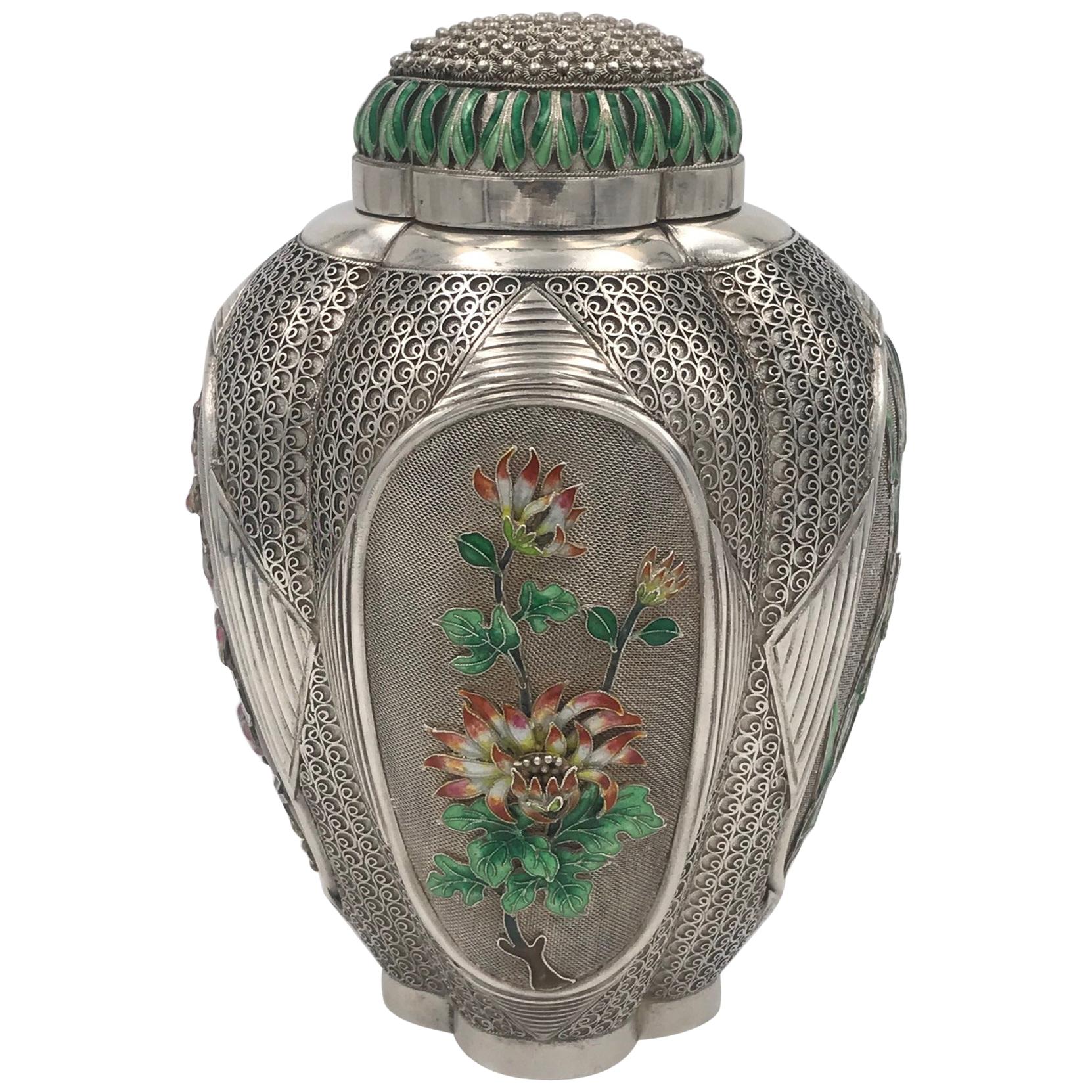 Chinese Silver and Enamel Tea Caddy