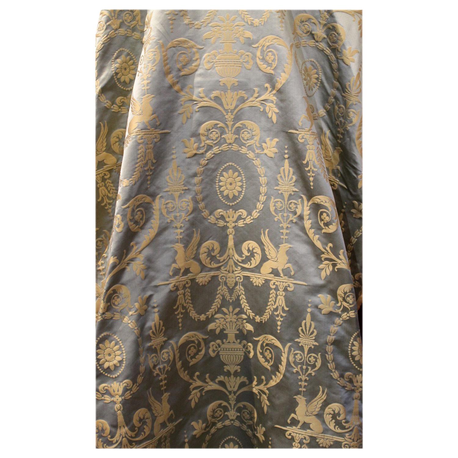 Italian Pure Silk Damask Fabric in Light Blue and Gold with Neoclassical Design