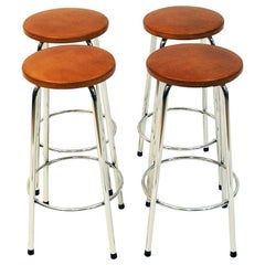 Brown Leather Seat Stools with Chrome Legs 1960s Scandinavian, Pair