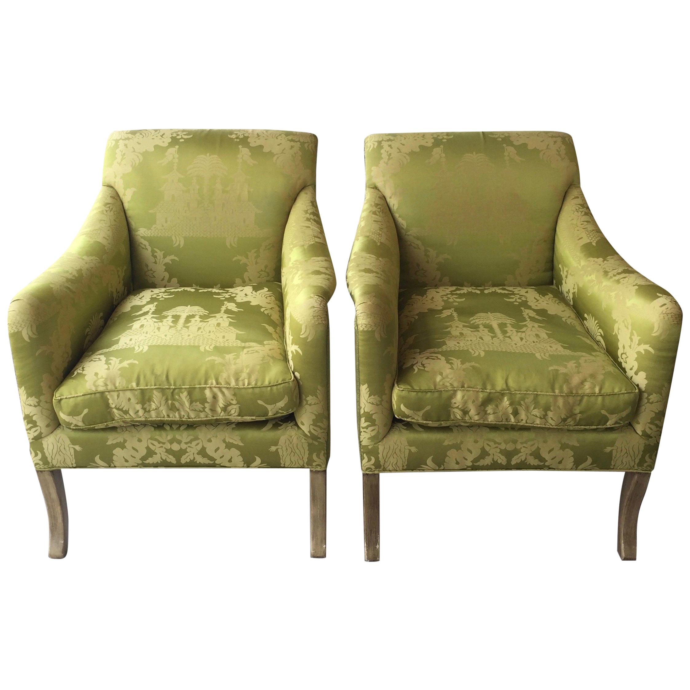 Neoclassical Lounge Chairs for William Eubanks in Chartreuse Chinoiserie Silk