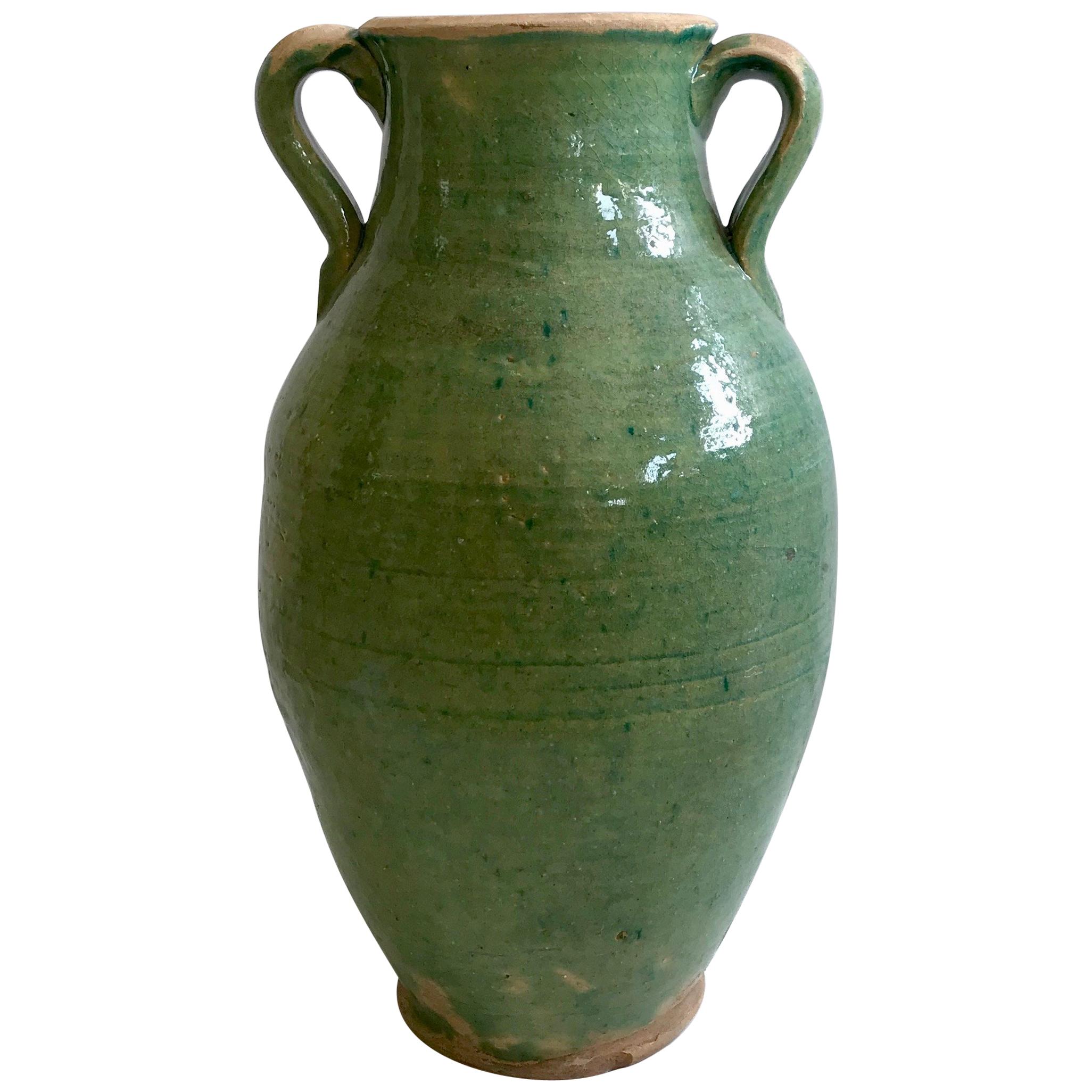 Handmade Rustic Farmhouse Blue-Green Glazed Terracotta Clay Pot Jar For Sale
