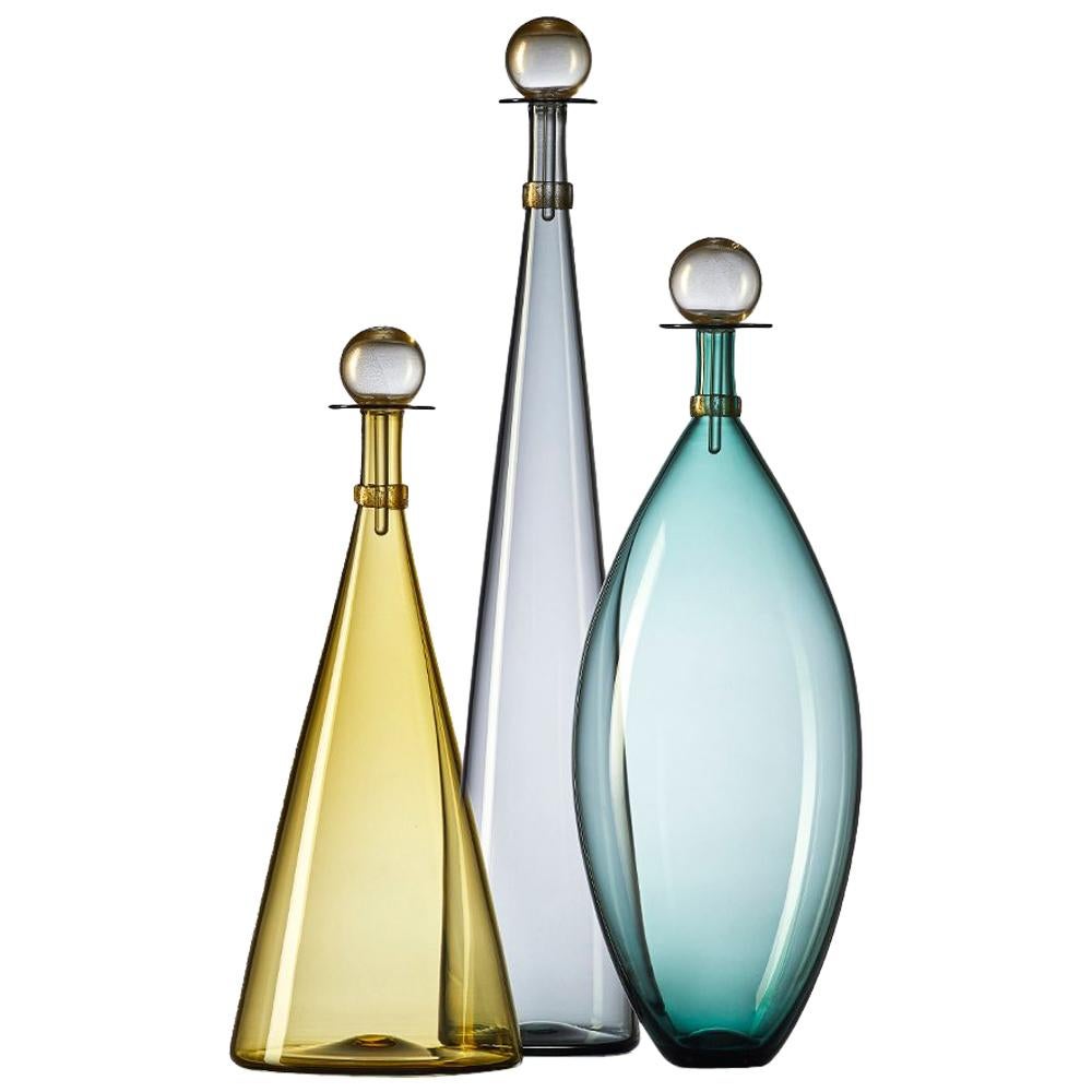 Trio of Colorful Amber, Grey, Aqua Blown Glass Bottles with Gold by Vetro Vero For Sale