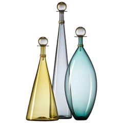 Trio of Colorful Amber, Grey, Aqua Blown Glass Bottles with Gold by Vetro Vero