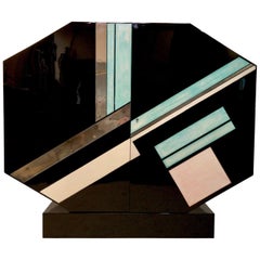 Octagonal Bar Furniture in Black Lacquer with Green Pattern French Art Deco 1935
