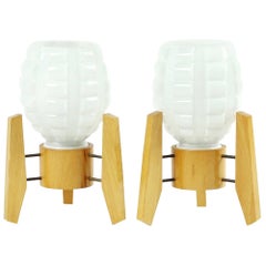 Midcentury Table Lamps in White Glass and Wood Drevo Humpolec, Czechoslovakia