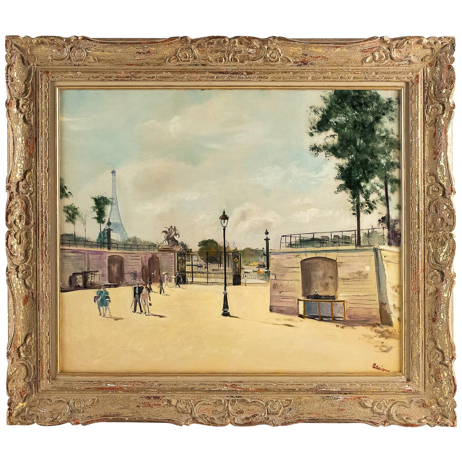 Lucien Adrion Oil on Canvas Tuileries View in the 1930s, Paris For Sale