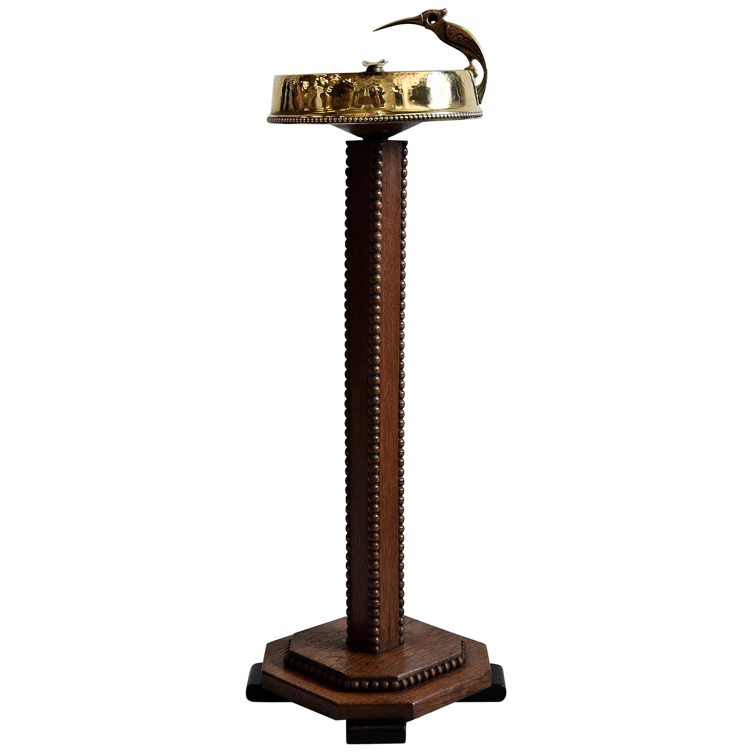 Art Deco Brass and Oak Ashtray Stand with Cigar Clipper