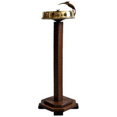 Vintage Art Deco Brass and Oak Ashtray Stand with Cigar Clipper