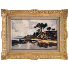 Lucien Péri, Oil on Panel, Boats under Corsican Pines, circa 1925-1935