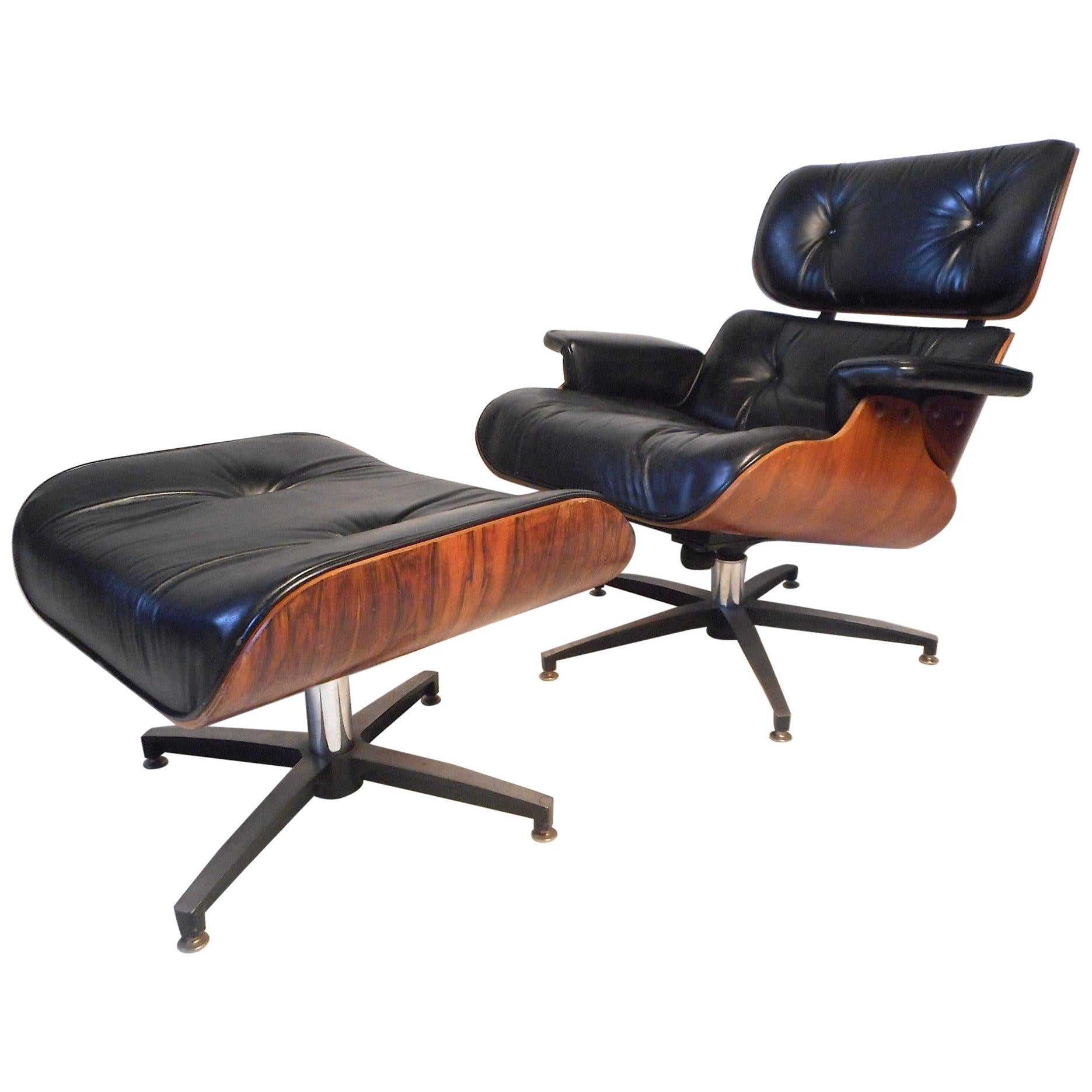 Midcentury Eames Style Swivel Lounge Chair and Ottoman