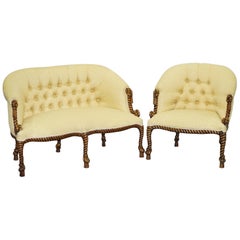 Suite de sièges et banquette en corde torsadée style Napoléon III, fauteuil et canapé Chesterfield