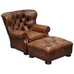 Ralph Lauren Writer's Aged Brown Leather Armchair and Footstool Ottoman