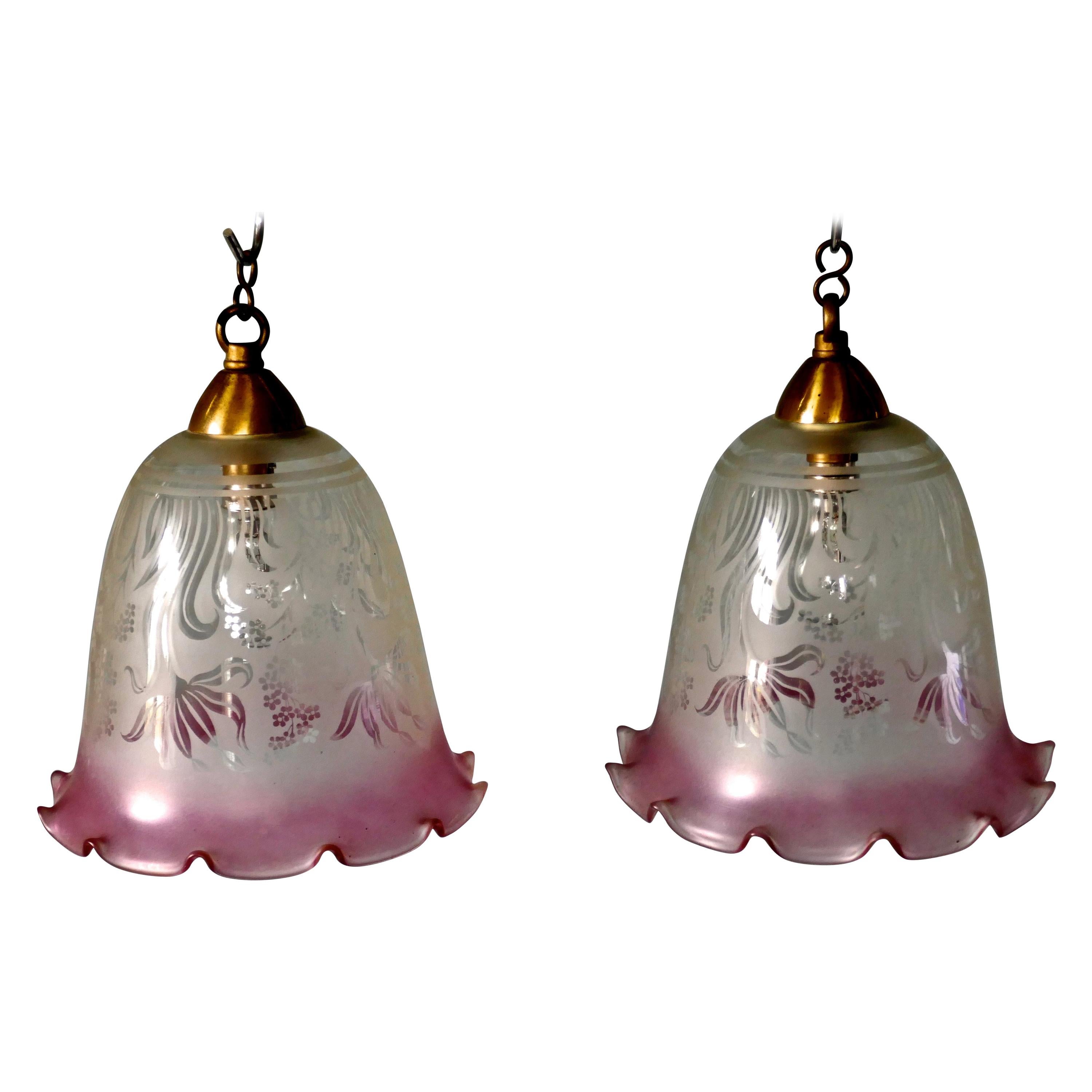 Pair of Large Glass Ceiling Lights Etched, Pink and Clear Pendant Lampshades