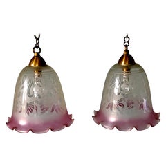 Antique Pair of Large Glass Ceiling Lights Etched, Pink and Clear Pendant Lampshades